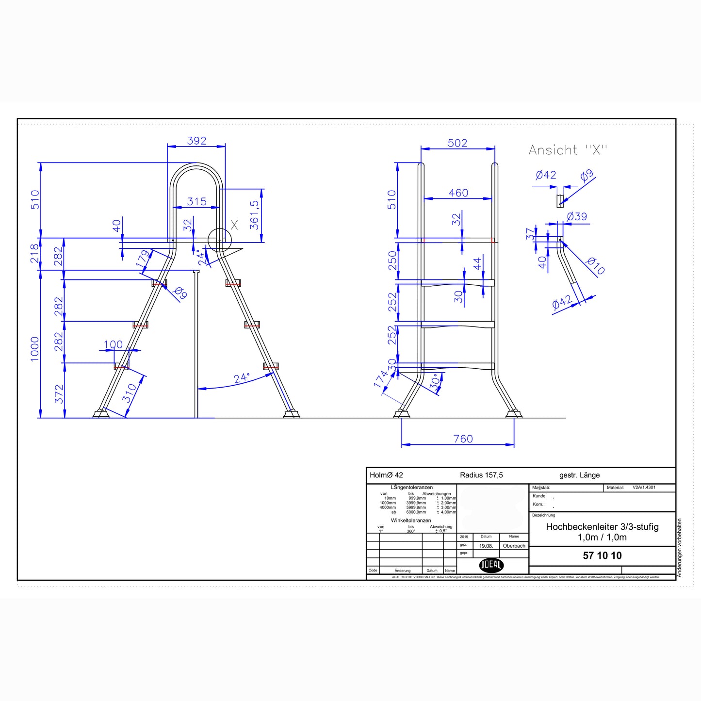 Hochbecken Leiter V2A - 3/3 Stufig - 1m/1m