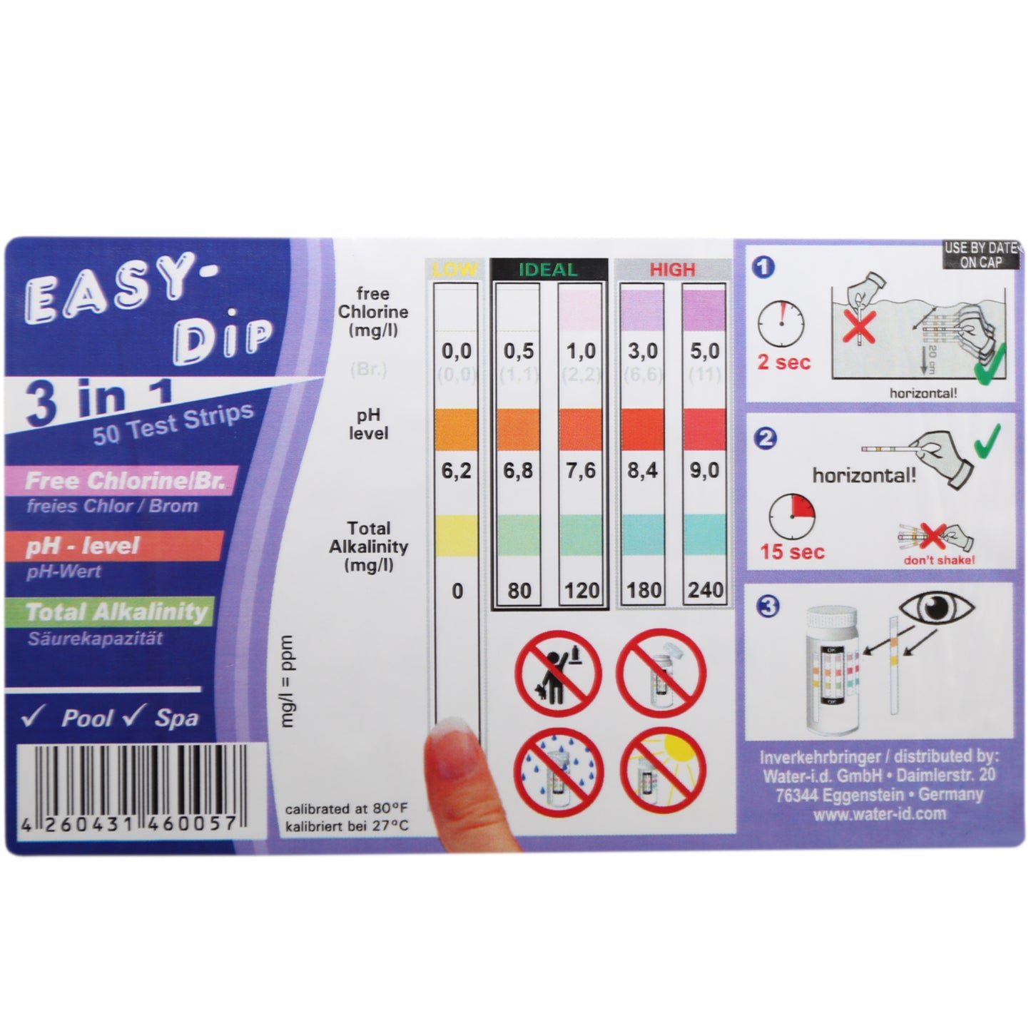 Teststreifen 3 in1 für Chlor, Brom, Alkalinität & pH