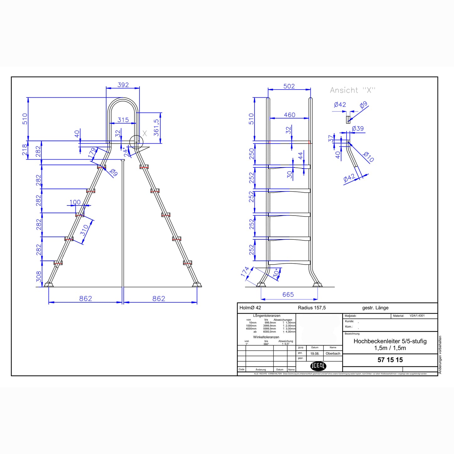 Hochbecken Leiter V2A - 5/5 Stufig - 1,5m/1,5m