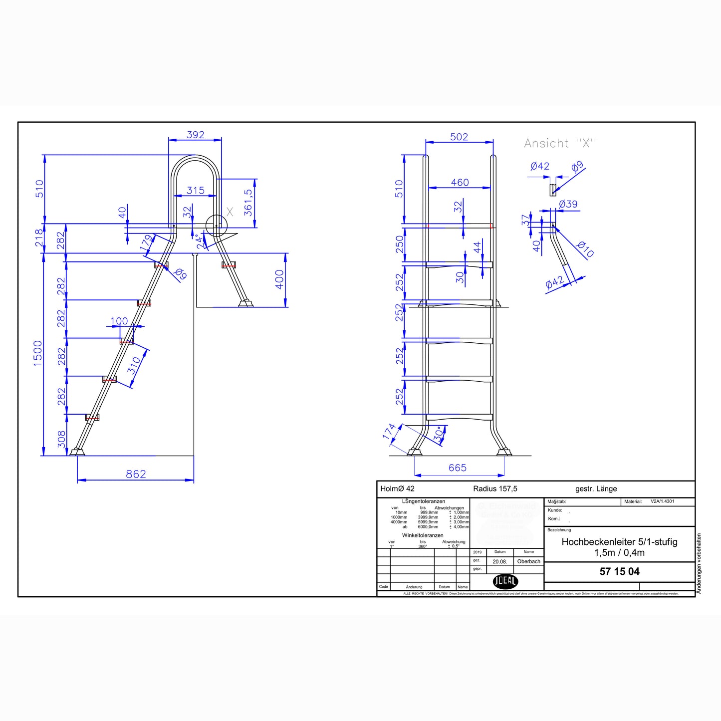 Hochbecken Leiter V2A - 5/1 Stufig - 1,5m/0,4m