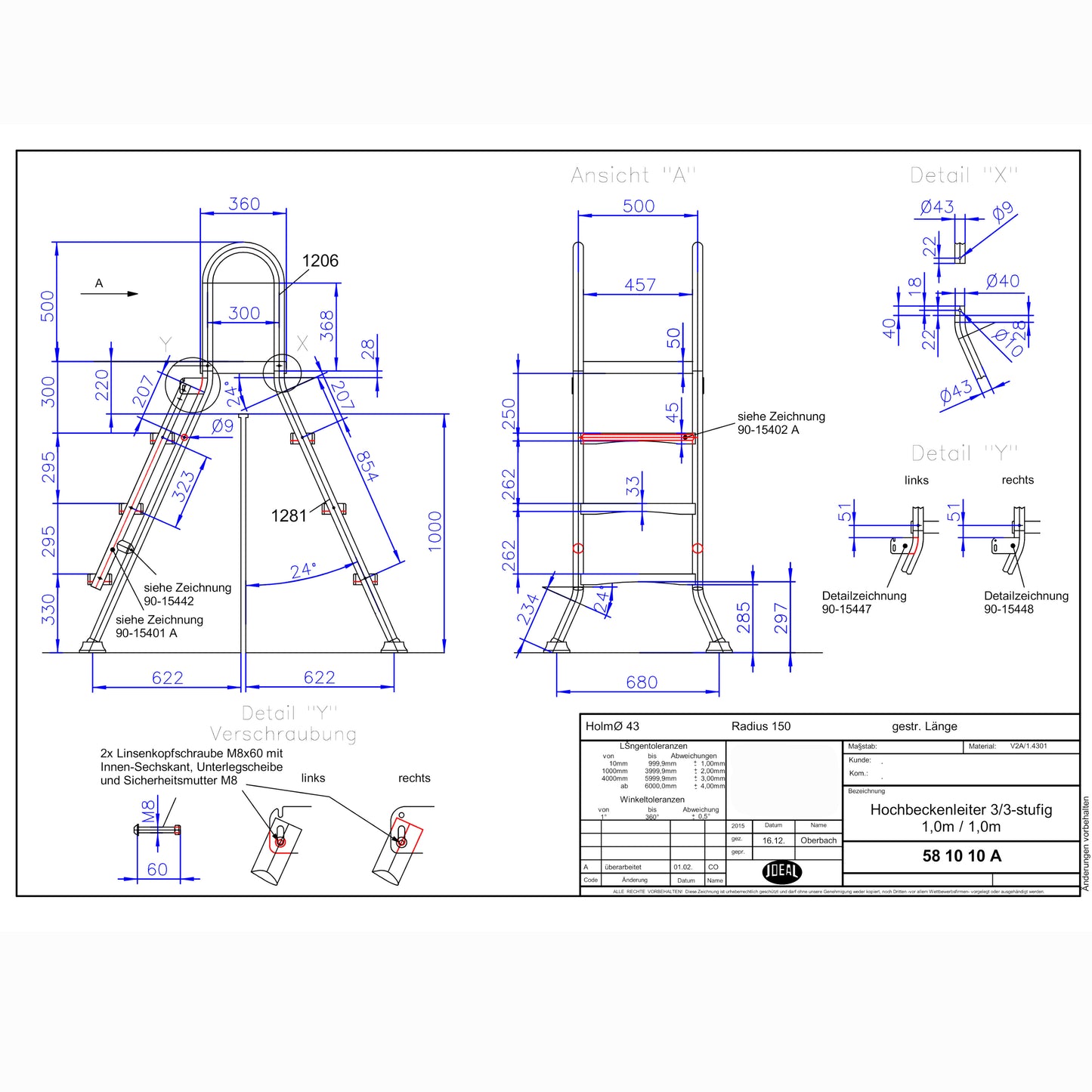 Hochbecken Sicherheitsleiter V2A - 3/3 Stufig - 1m/1m