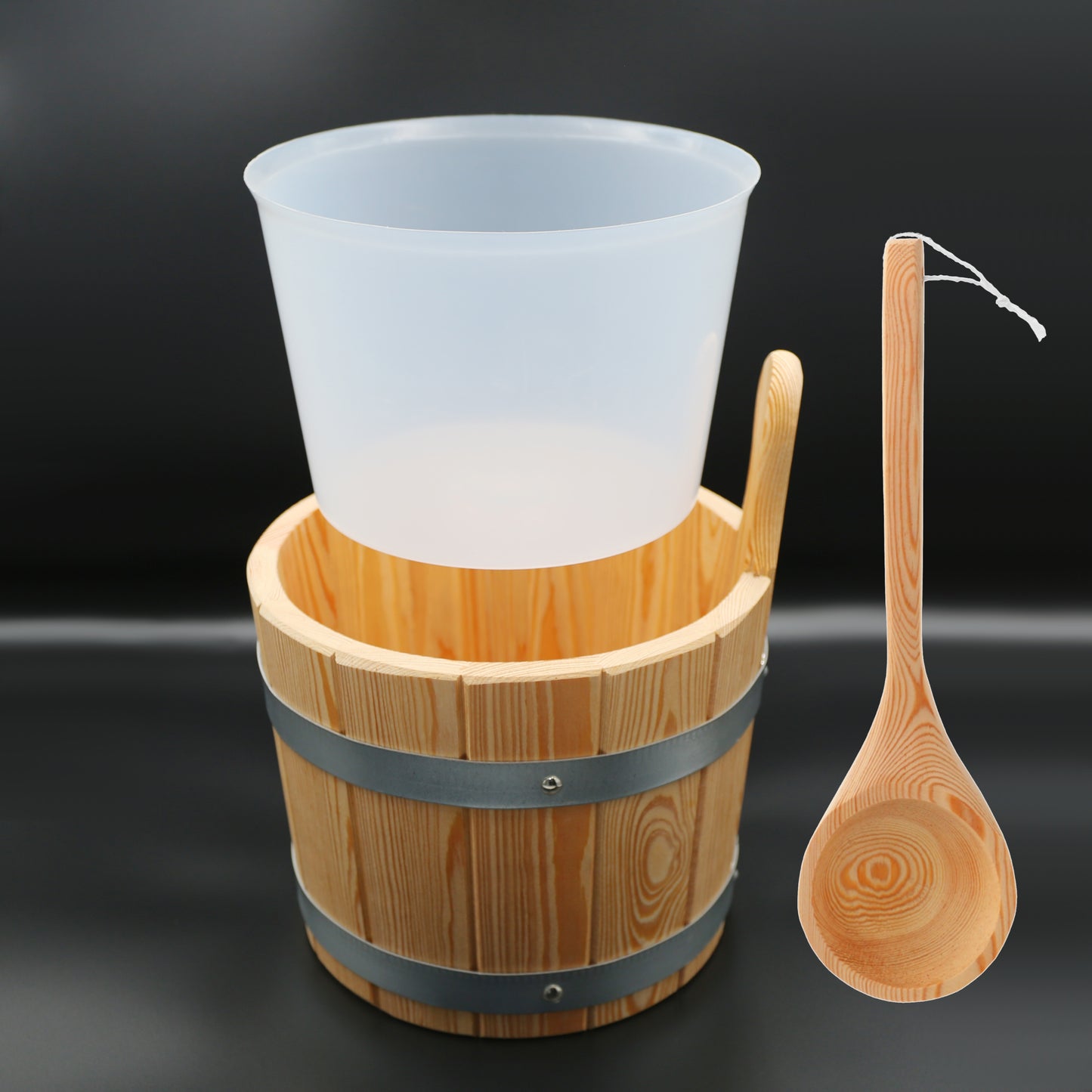 Saunakübel 5 Liter Lärche + Kelle, Sanduhr, Klimamesser