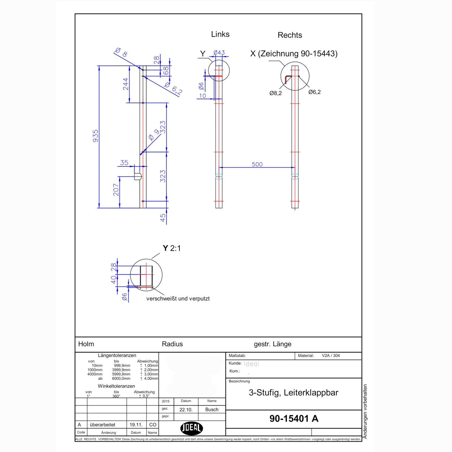 Hochbecken Sicherheitsleiter V2A - 3/3 Stufig - 1m/1m