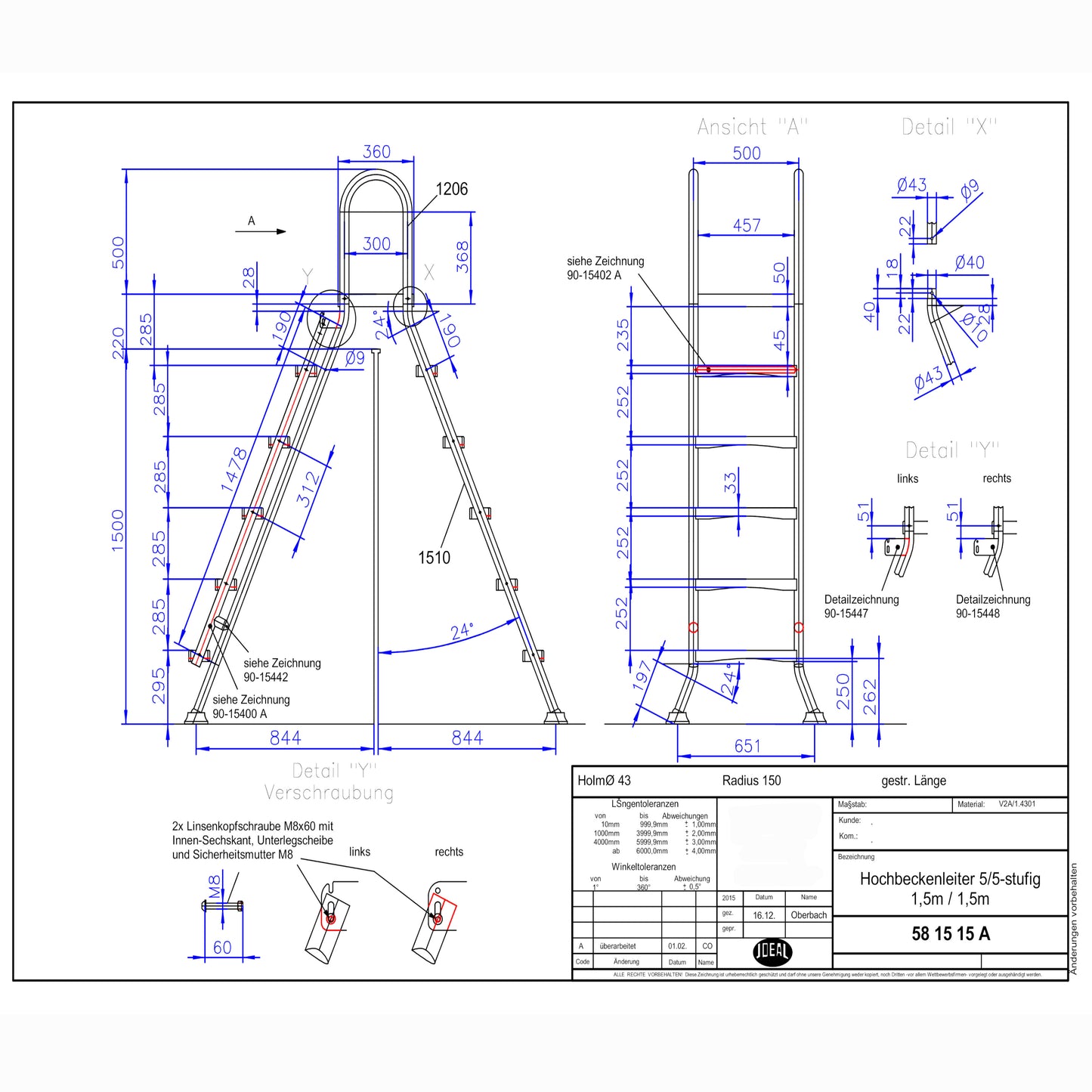 Hochbecken Sicherheitsleiter V2A - 5/5 Stufig - 1,5m/1,5m