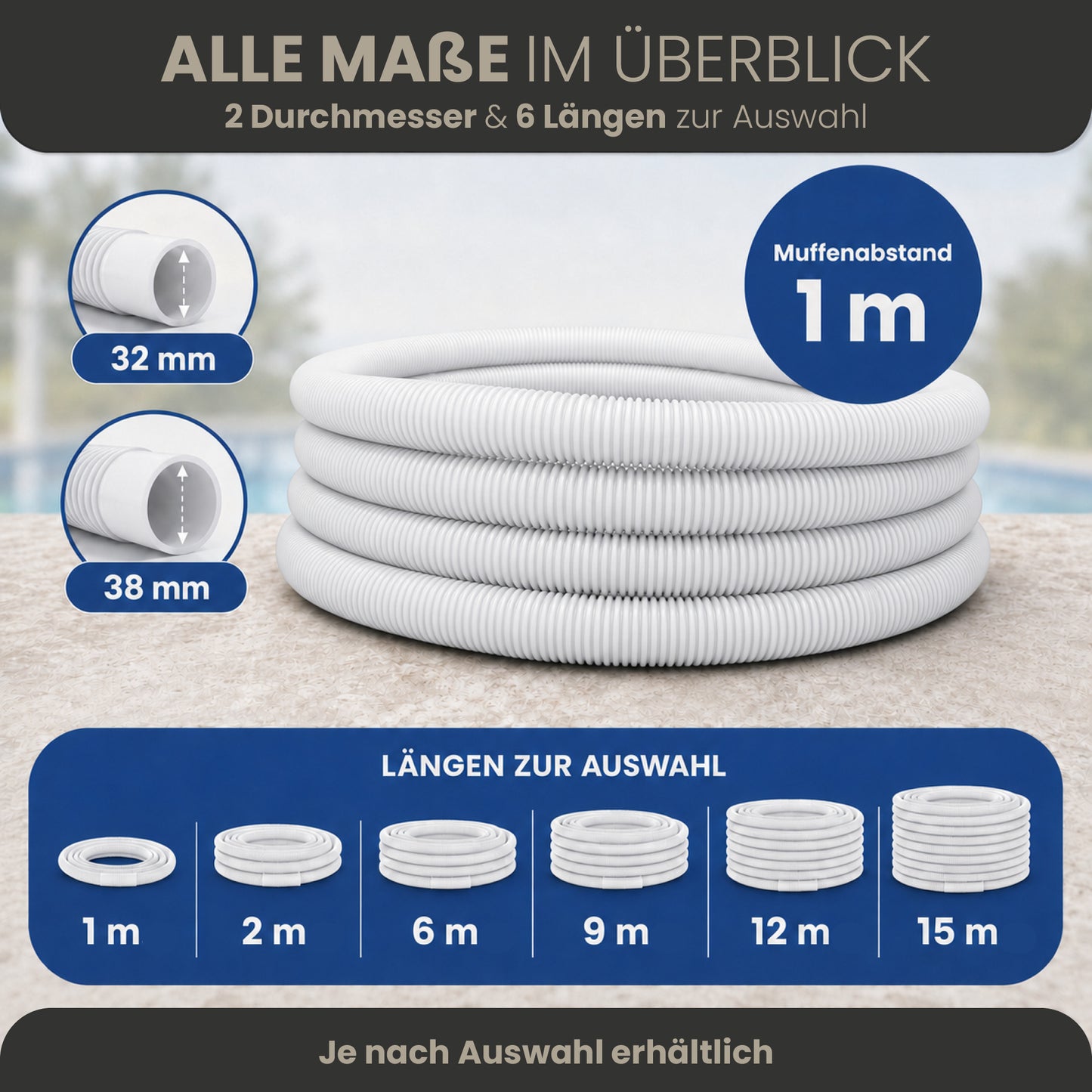 Schwimmbadschlauch - 1-15m in 32mm oder 38mm