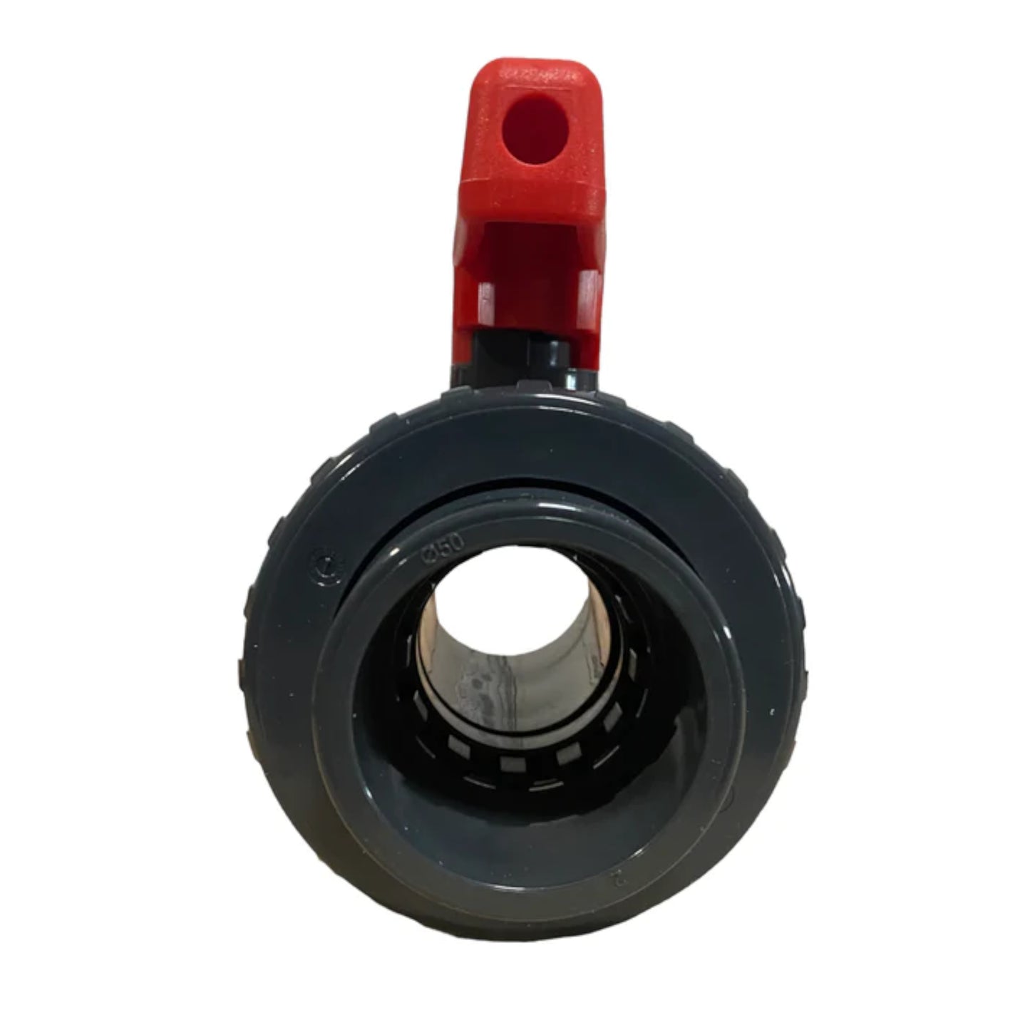 PVC Kugelhahn roter Griff 50mm Klebemuffe